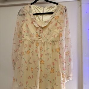 Dazzlin Cream Floral Chiffon Babydoll Dress Sheer Sleeves Soft Girl